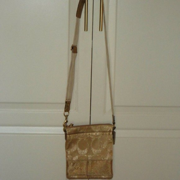 COACH Messenger Metallic Gold Sparkle Logo Crossbody Canvas Purse - Picture 2 of 8